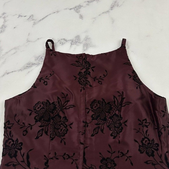 XOXO Womens Vintage Y2k Mini Dress Size 11 Burgundy Black Flocked Lace Print - Picture 7 of 9